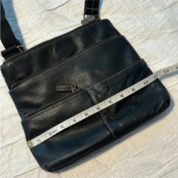 ROOTS black pebbled leather & canvas crossbody bag purse multiple pockets lined - Picture 14 of 15